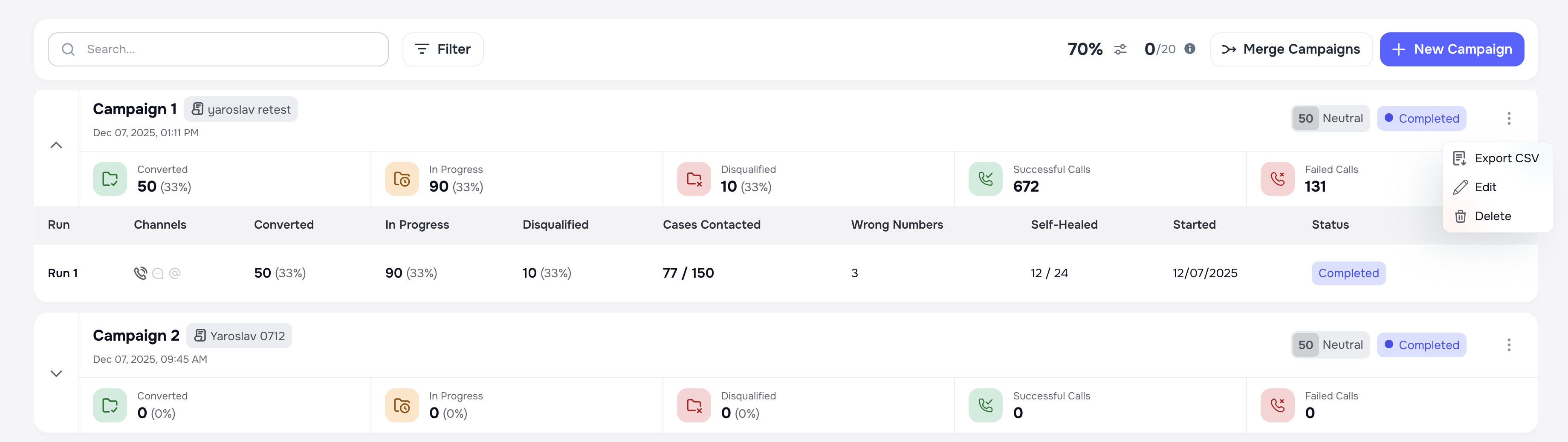 Campaigns list with status, metrics, and actions