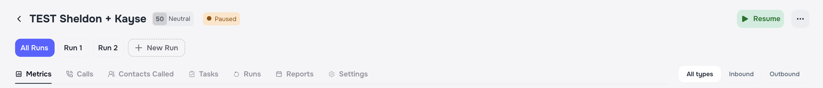 AI Campaign redesigned interface with Metrics, Calls, Contacts, Tasks, Runs, Reports tabs