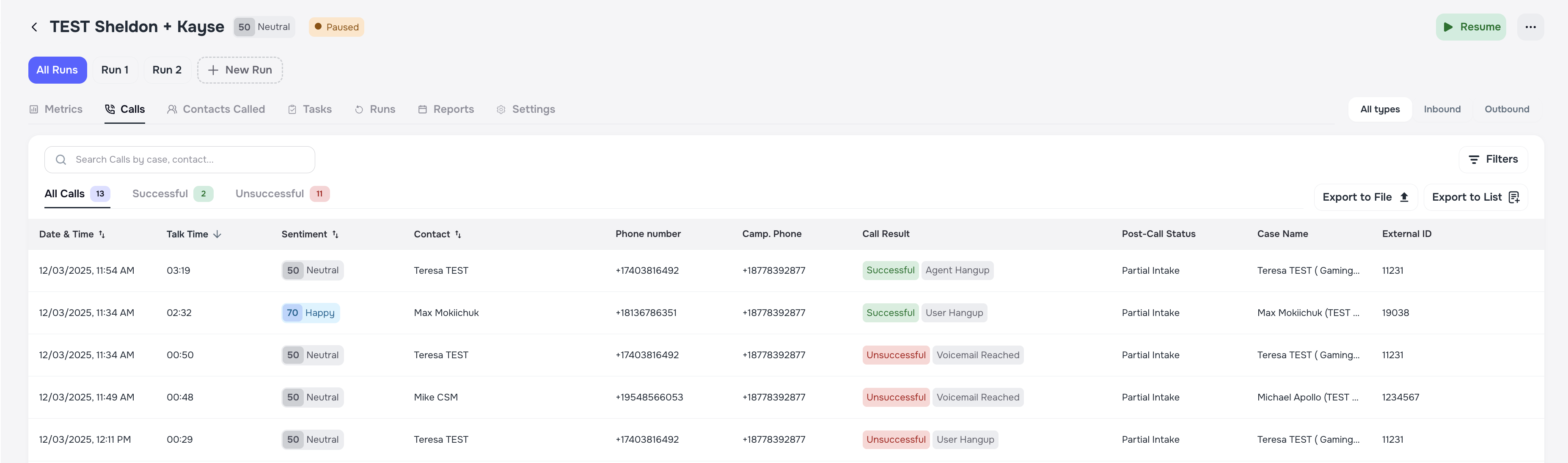 Calls tab with call list, filters, and export