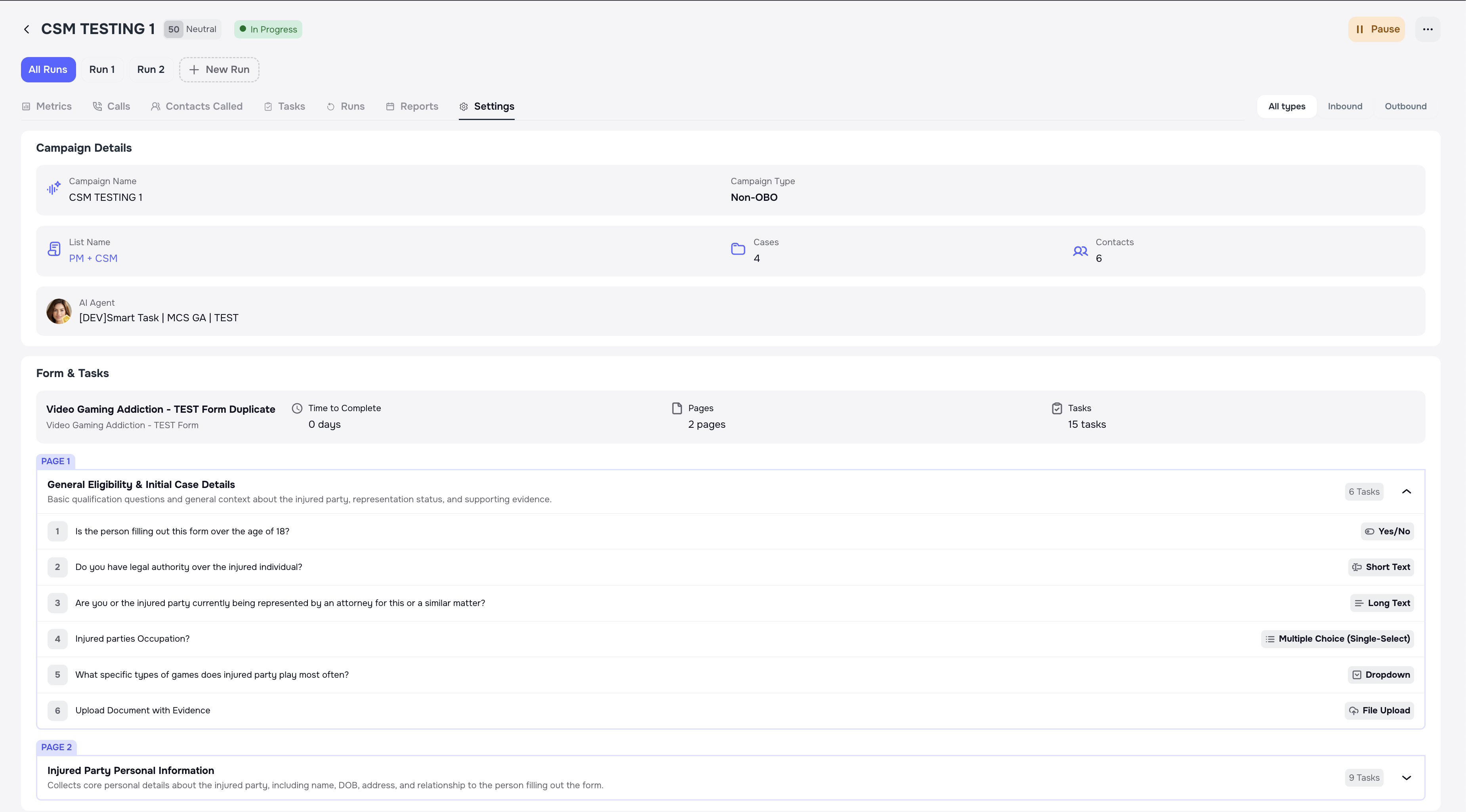 Settings tab with full campaign configuration