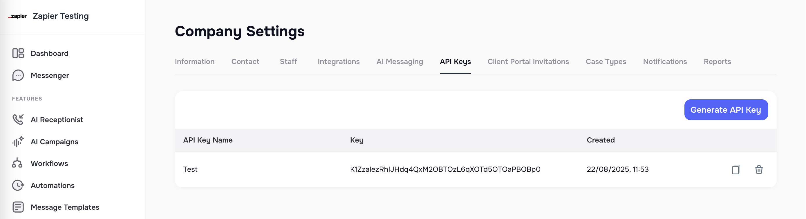 Company Settings API Keys page with Generate New API Key button