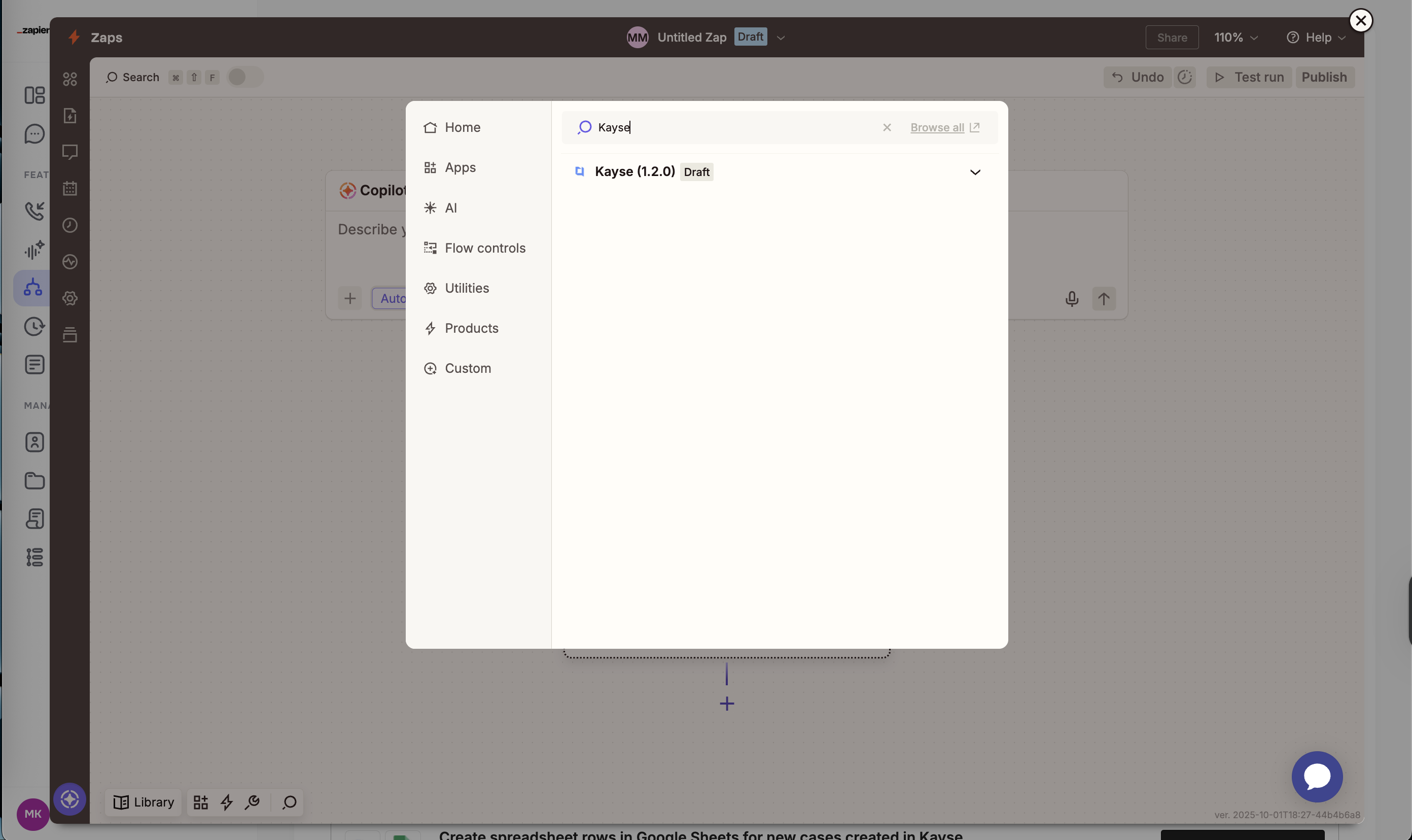 Zapier builder with Kayse as Trigger app and API key connection