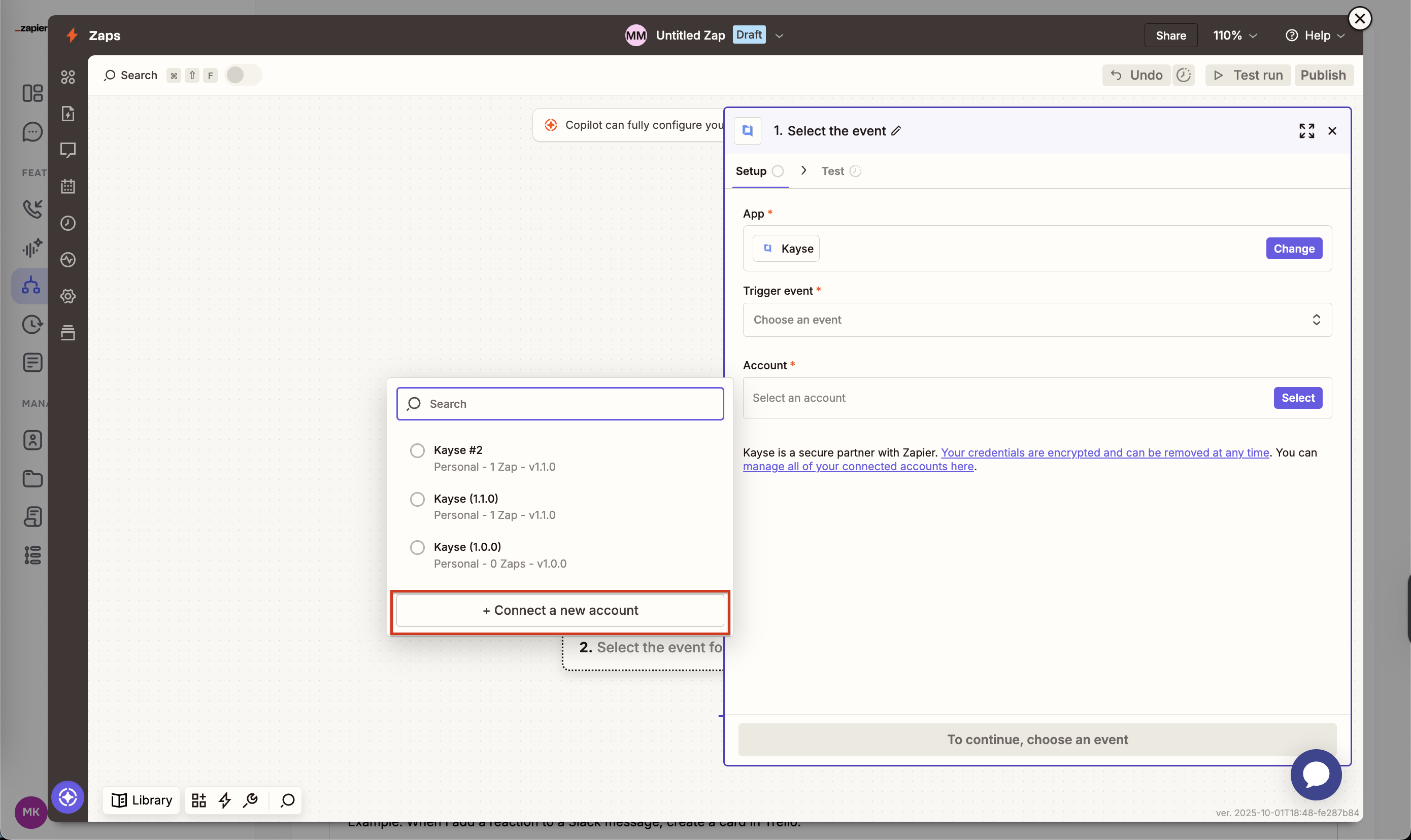 Zap builder Trigger block with Kayse app selected