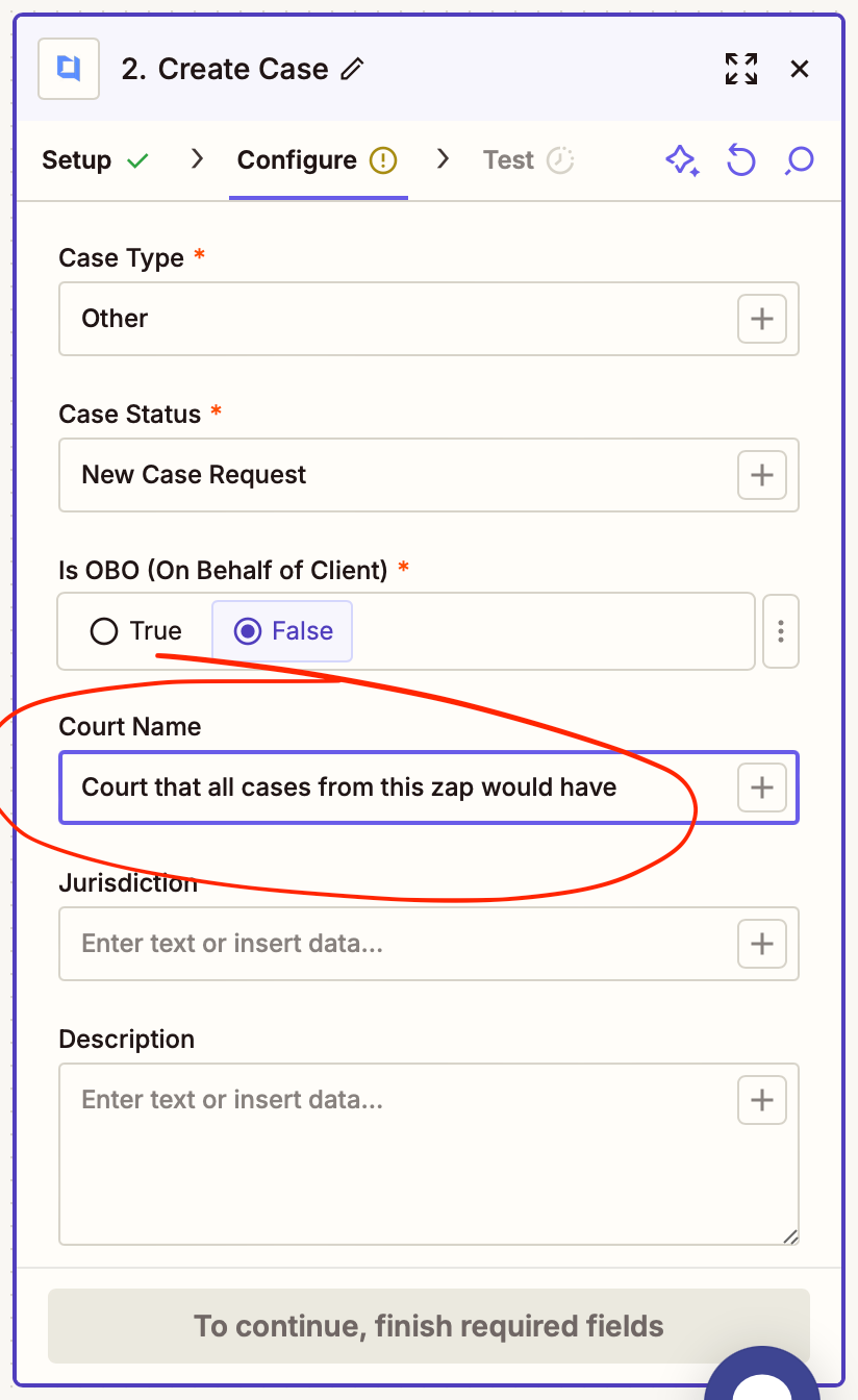 Action field with grey placeholder test data